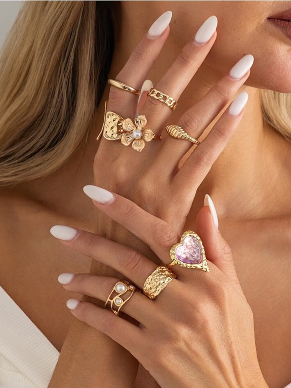 Chunky Gold Stackable Rings Set Non Tarnish Statement Open Adjustable - Picture 3 of 5